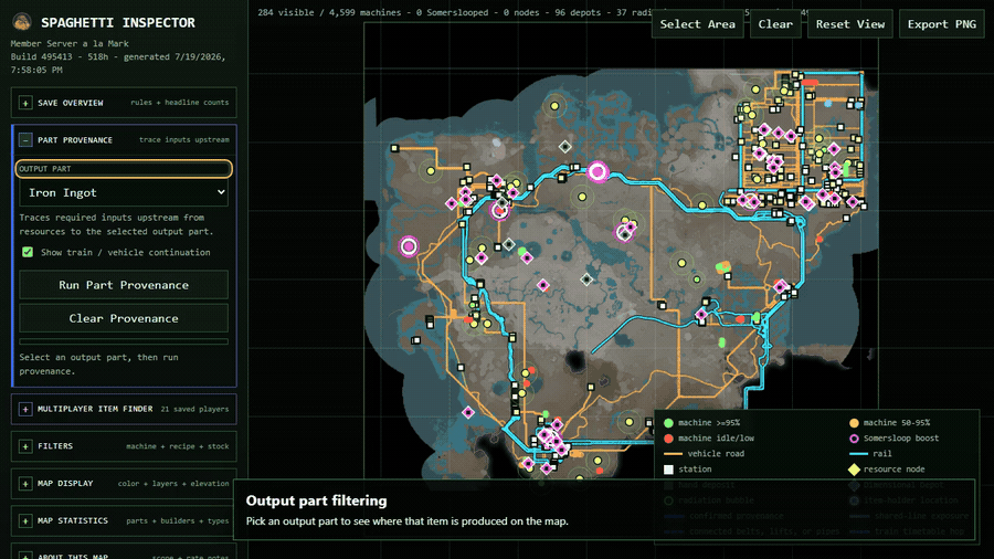 Animated output part filter search on the map