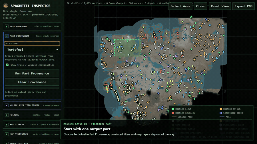 Animated Turbofuel provenance web traced from a selected northwest factory area