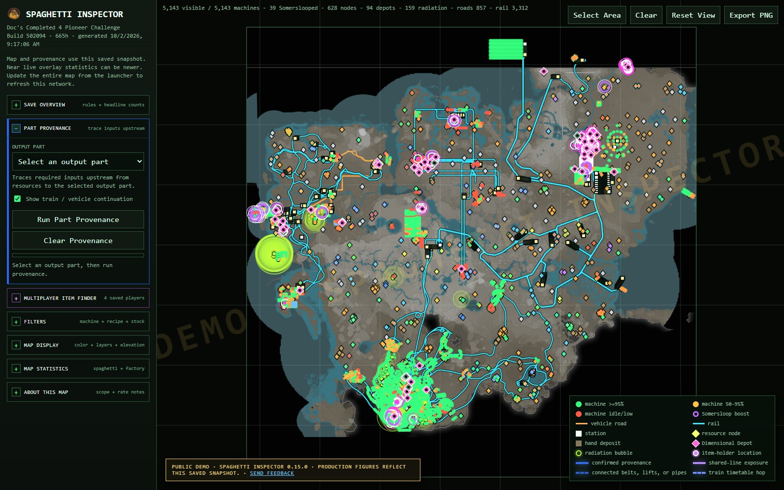 Completed Doc's challenge map showing the four participants' factory network on the screenshot terrain background